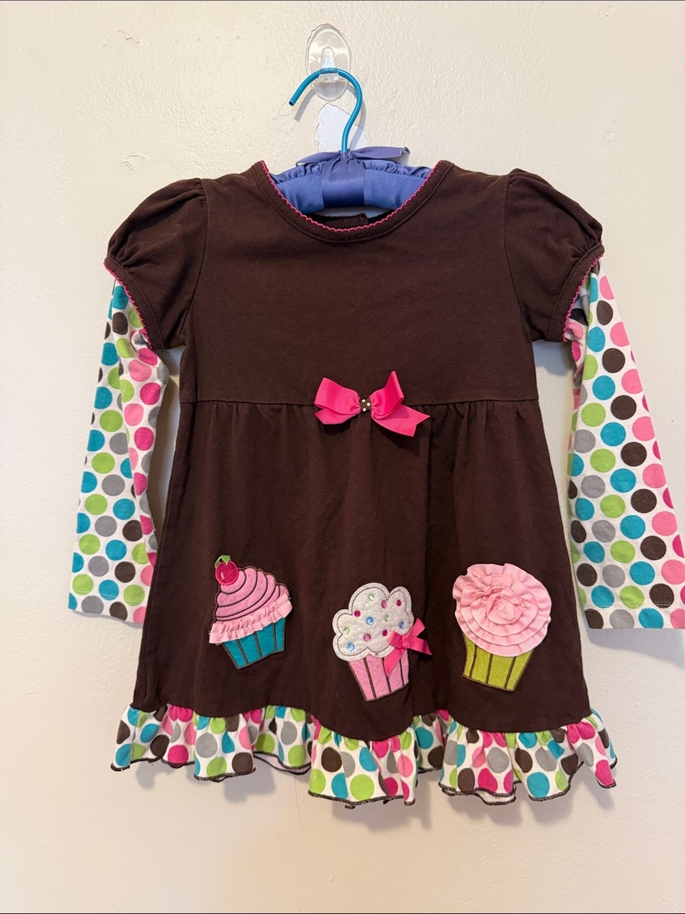 Rare Editions Brown Dress with Pink Accents and Multicolor Polka Dot Sleeves